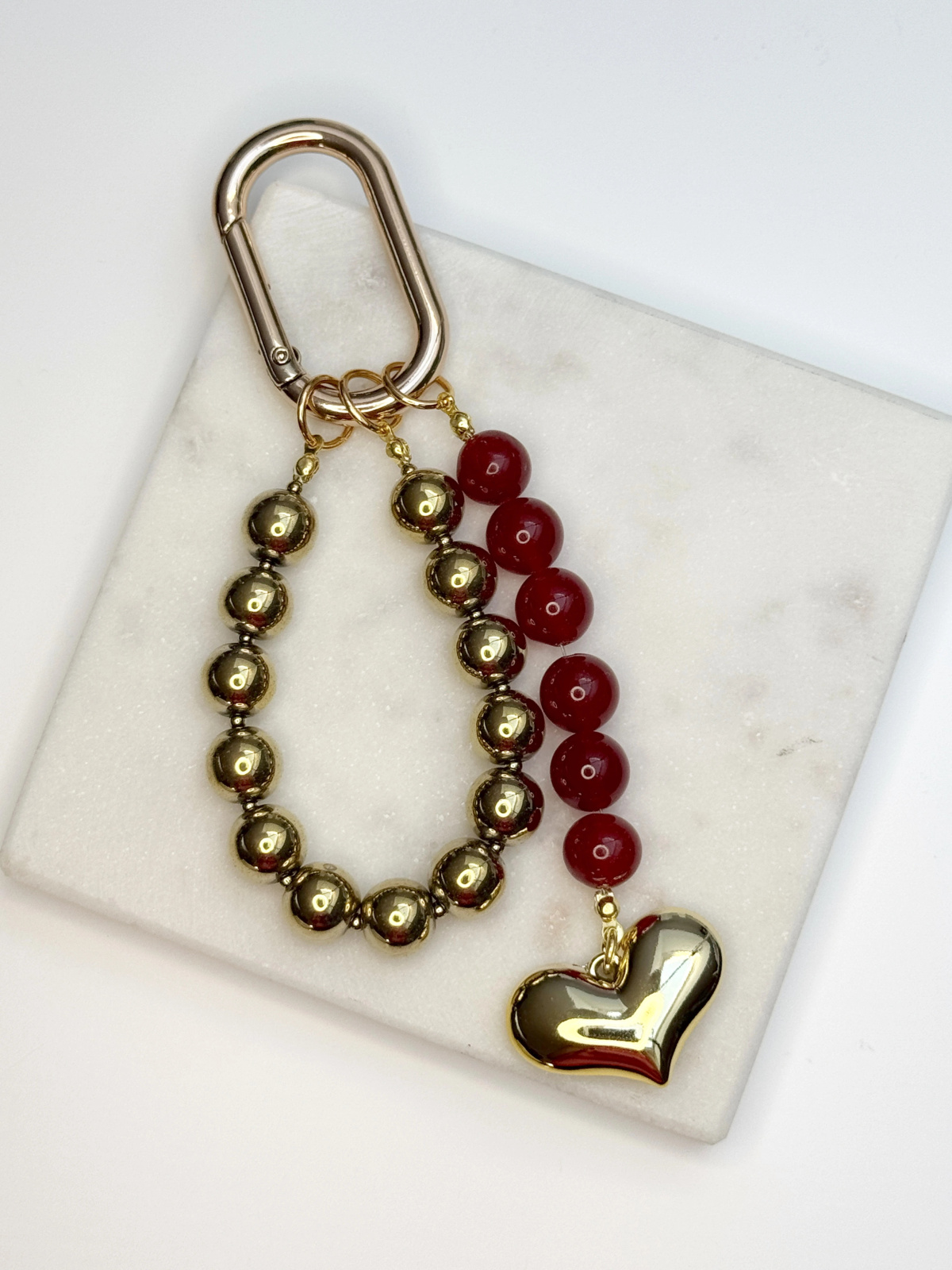 Hematite and jadeite keychain on steel wire with a charm and colored stainless steel elements, handmade – photo 3