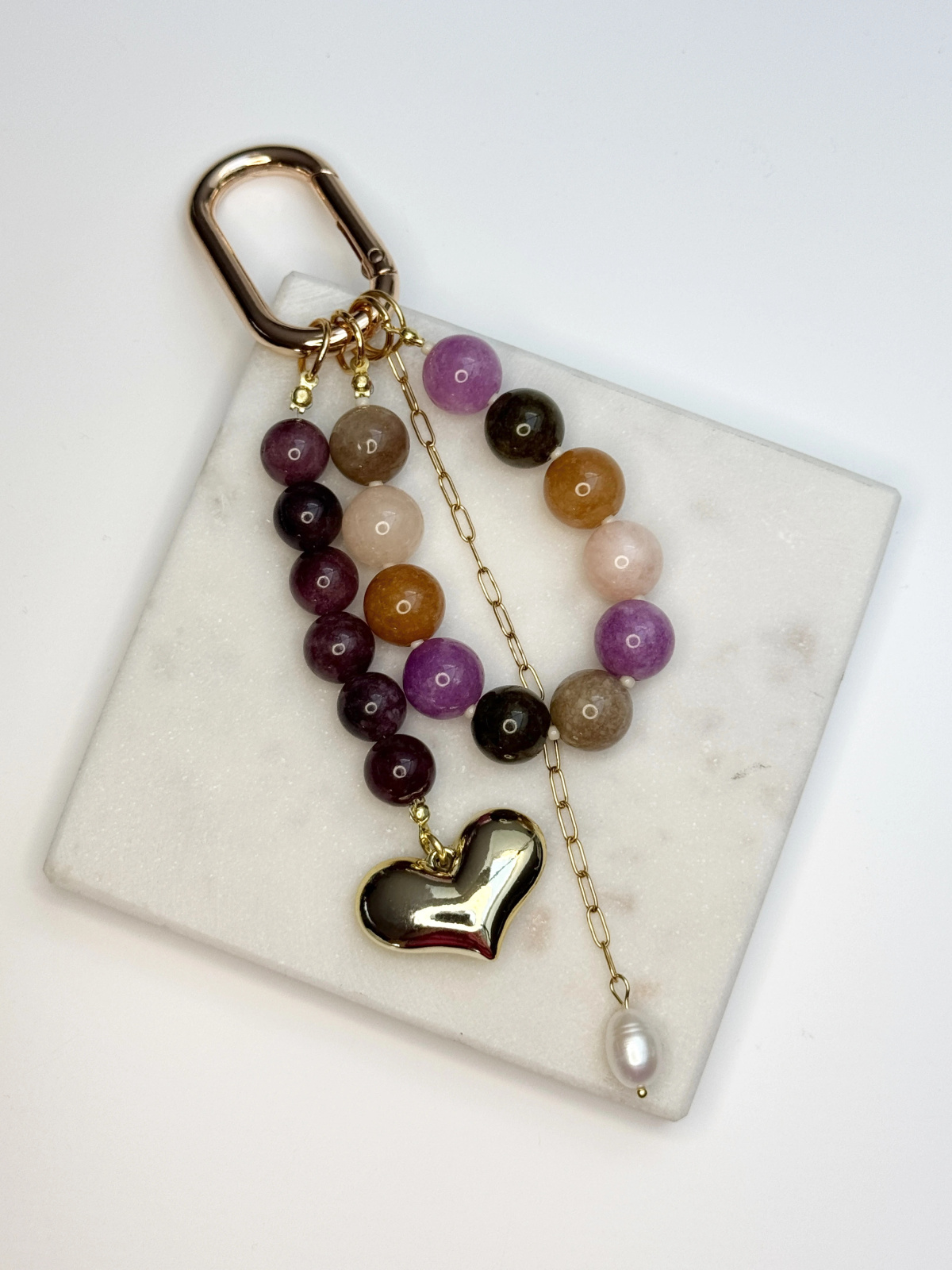 Handmade jade keychain with a natural pearl on a gold stainless steel chain with an acrylic charm – photo 5