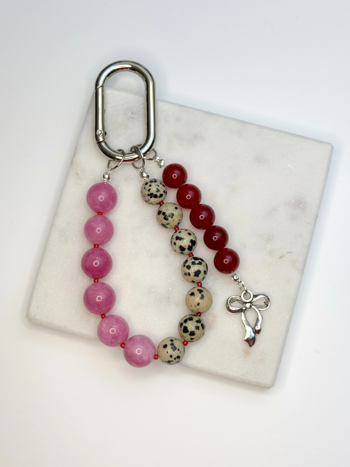 Handmade Dalmatian jasper and jade keychain on steel wire with stainless steel elements – photo 4