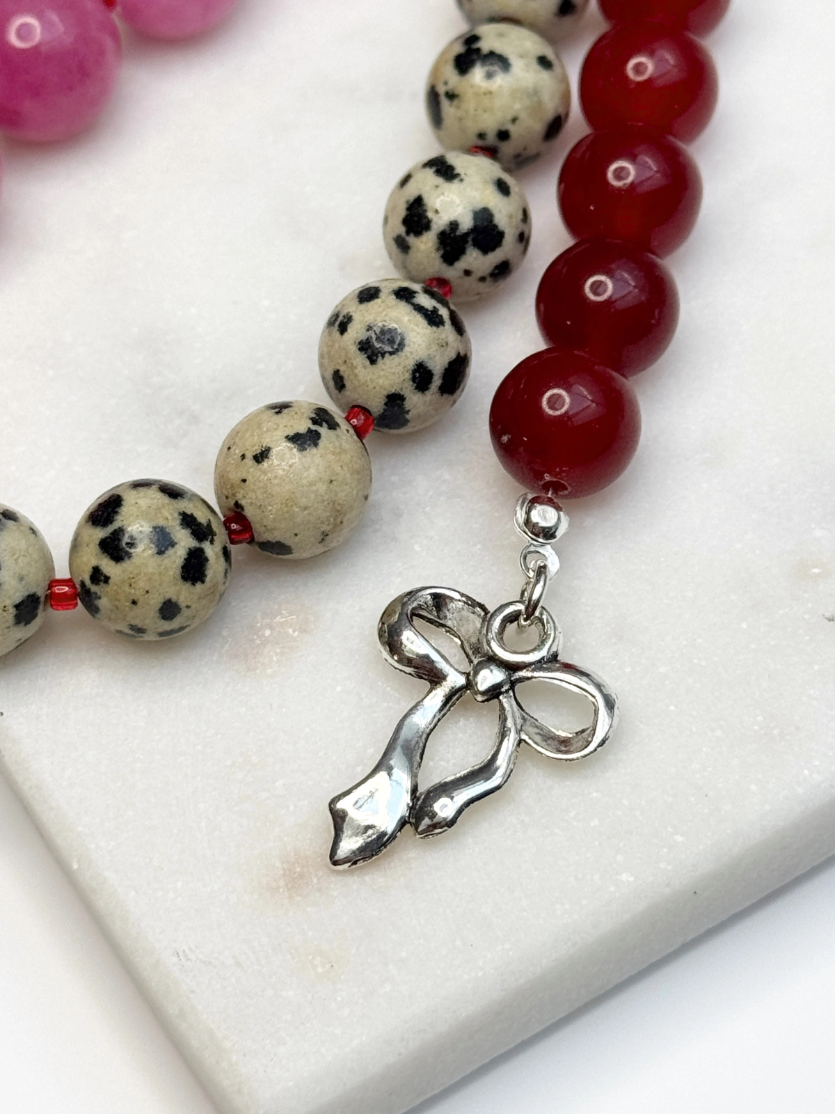 Handmade Dalmatian jasper and jade keychain on steel wire with stainless steel elements – photo 5