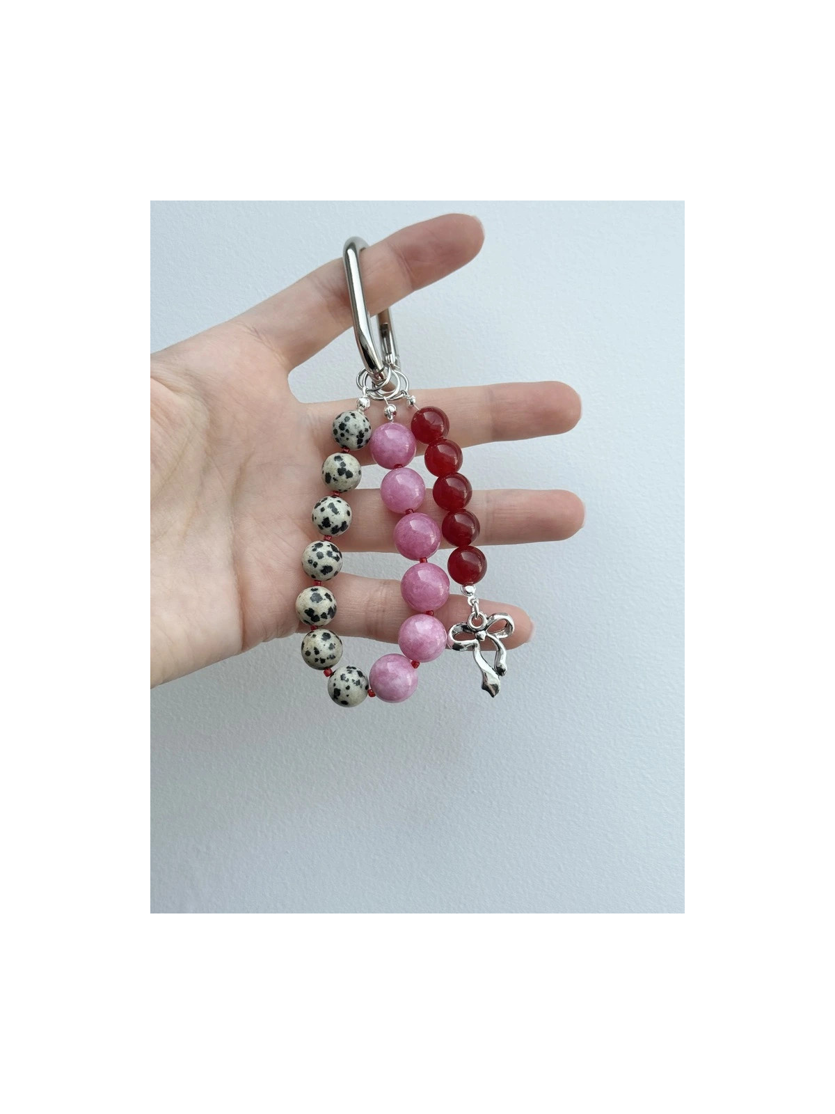 Handmade Dalmatian jasper and jade keychain on steel wire with stainless steel elements – photo 3