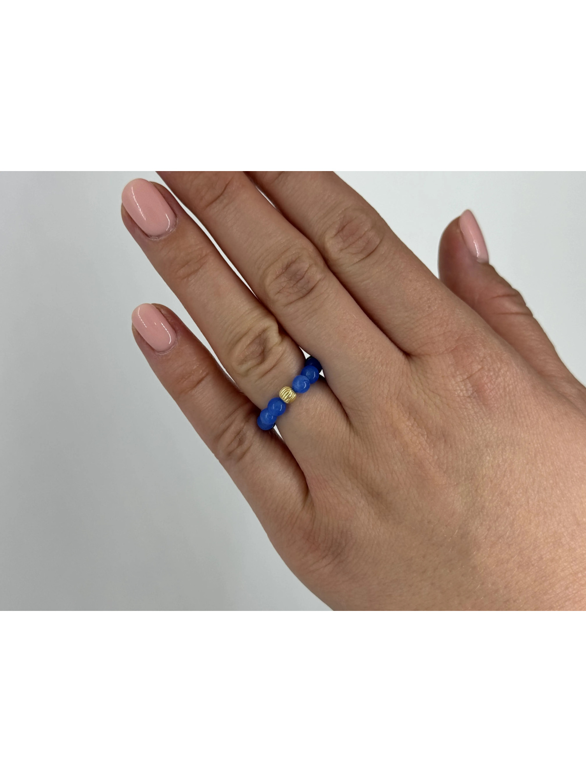 Handmade blue jade stretch ring with a gold-plated 925 silver bead on 0.4 mm cord – photo 3