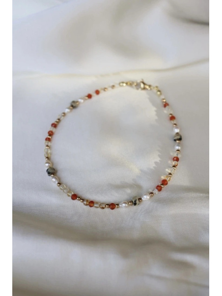 Anklet with citrine, carnelian, Dalmatian jasper, natural pearls and hematite, handmade