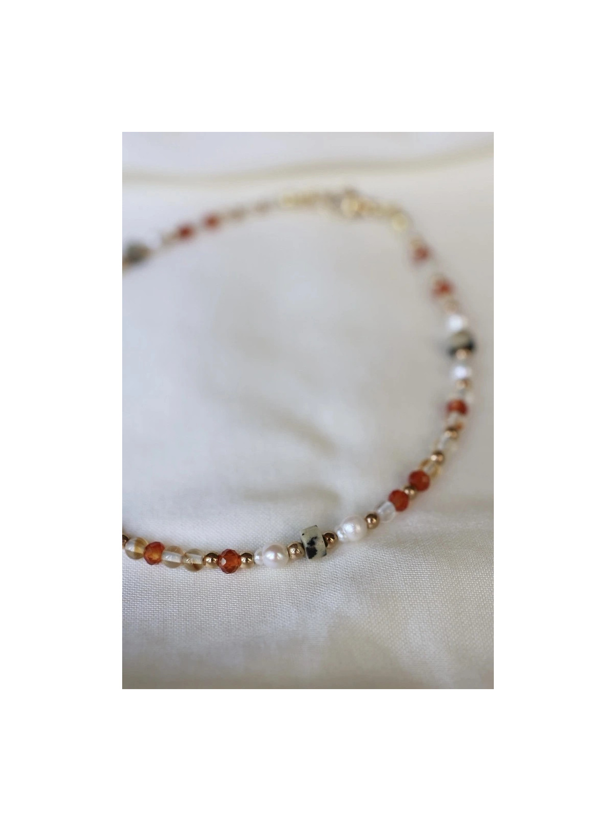 Anklet with citrine, carnelian, Dalmatian jasper, natural pearls and hematite, handmade – photo 3