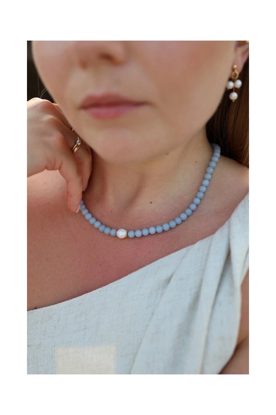 Adjustable angelite and freshwater pearl necklace with a stainless steel and gold-plated silver clasp, handmade