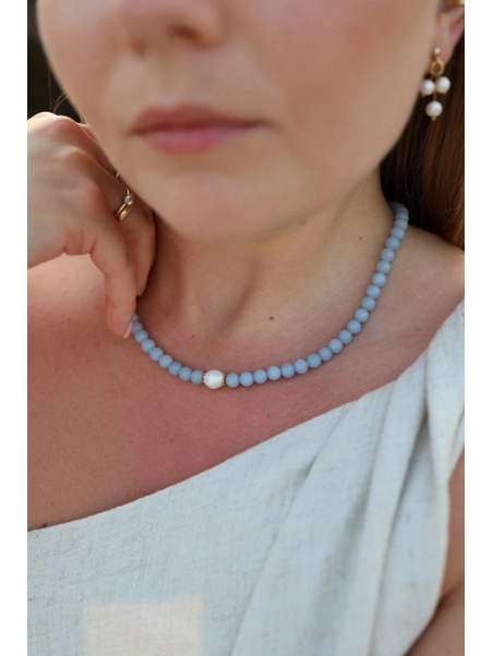Adjustable angelite and freshwater pearl necklace with a stainless steel and gold-plated silver clasp, handmade