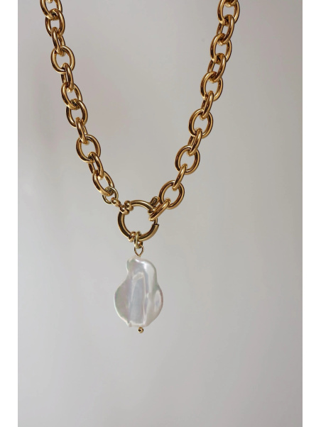 Gold surgical steel chain necklace with a detachable cultured pearl pendant and elements, handmade