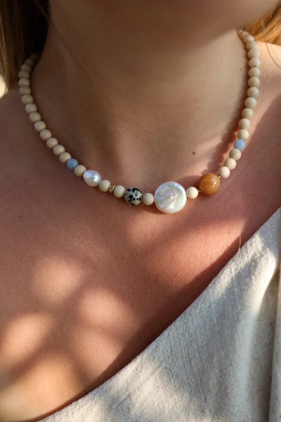 Adjustable river stone necklace with natural pearls, Dalmatian jasper, jade and, handmade