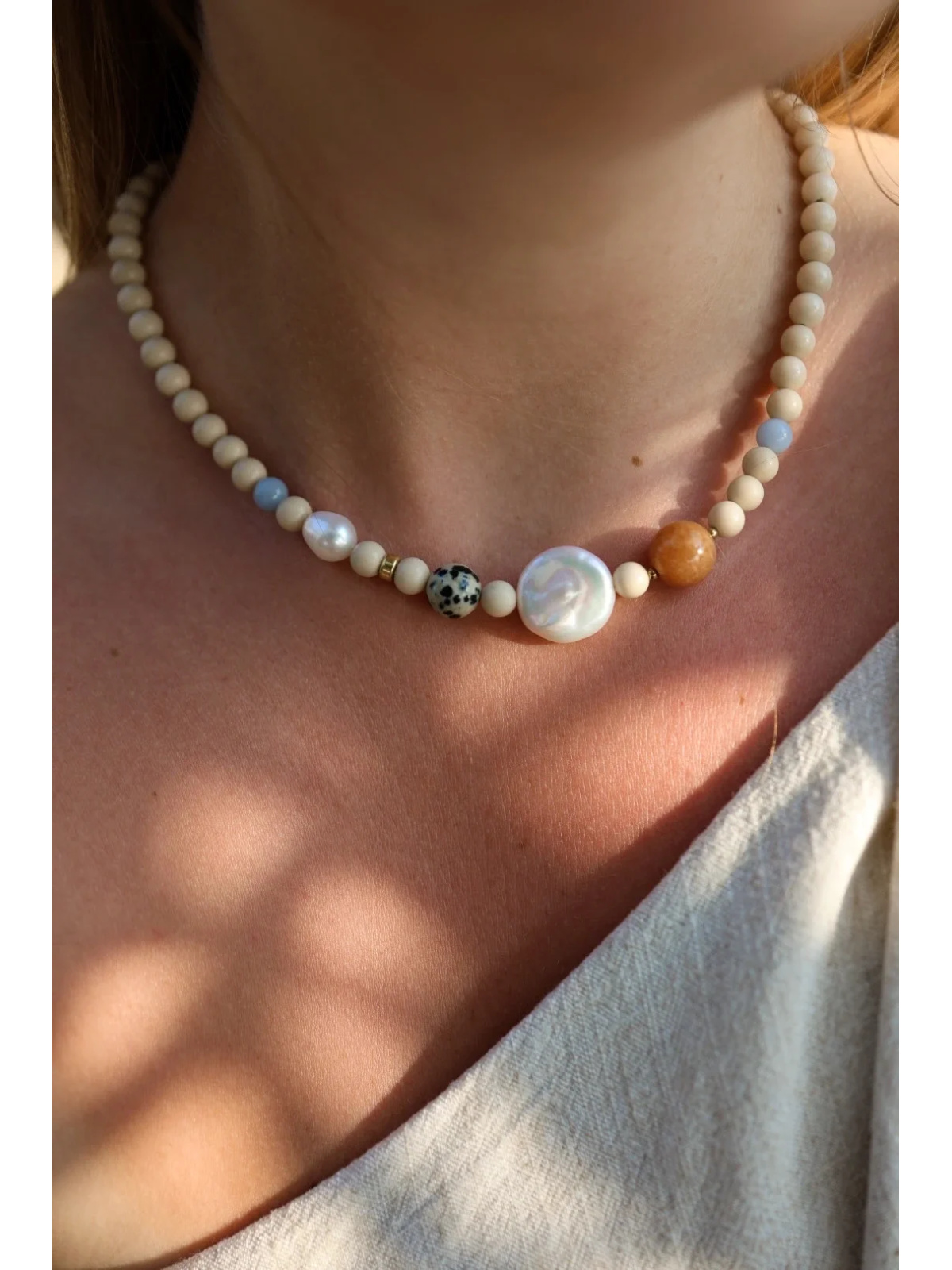 Adjustable river stone necklace with natural pearls, Dalmatian jasper, jade and, handmade
