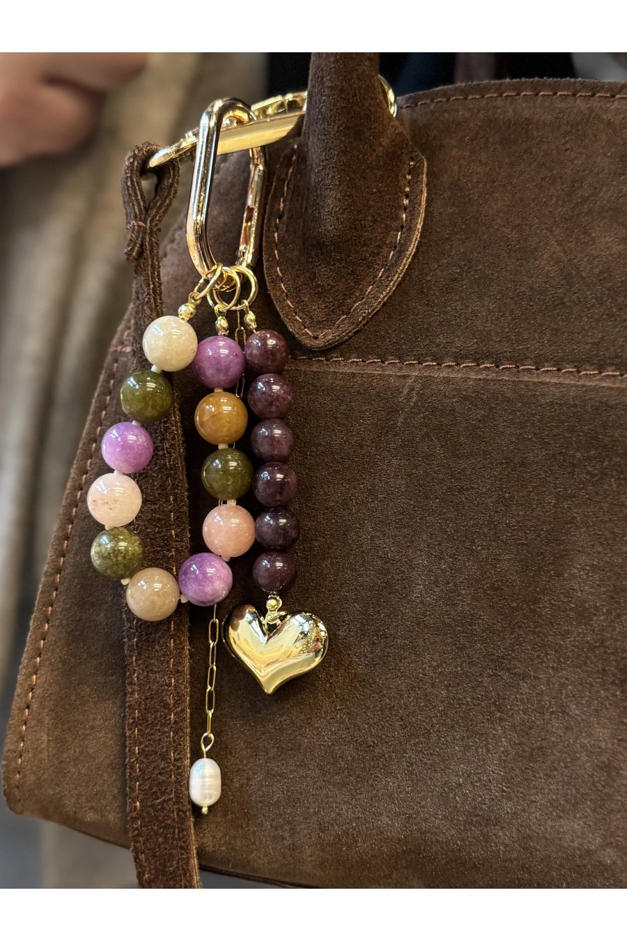 Jade keychain with a natural pearl on a gold stainless steel chain with an acrylic charm, handmade