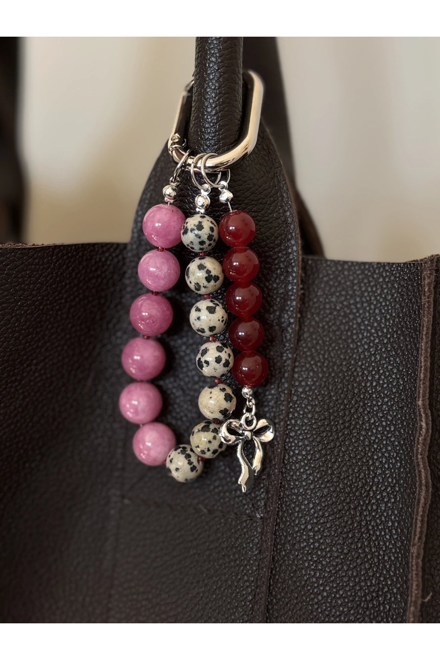Dalmatian jasper and jade keychain on a steel cable with stainless steel elements, handmade