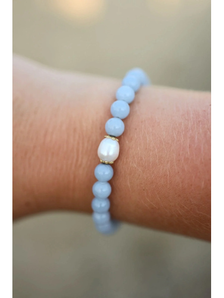 Verstelbare armband van angeliet en een zoetwaterparel met elementen van roestvrij staal en verguld, handgemaakt