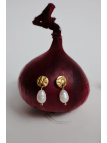 Handmade surgical steel stud drop earrings with a large freshwater pearl and a hammered metal disc