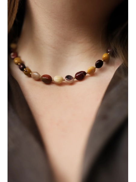 Handmade adjustable mookaite and hematite necklace on steel wire with a stainless steel clasp