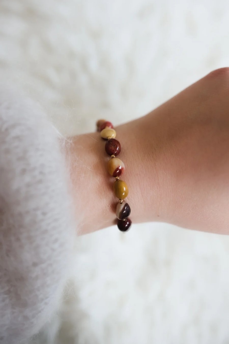 Handmade adjustable mookaite and hematite bracelet on steel wire with a stainless steel clasp