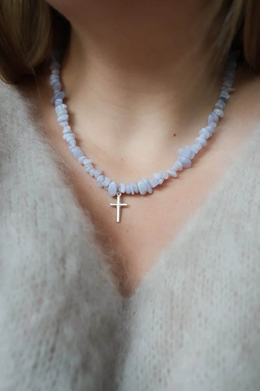 Handmade adjustable blue chalcedony necklace with a stainless steel clasp and silver details