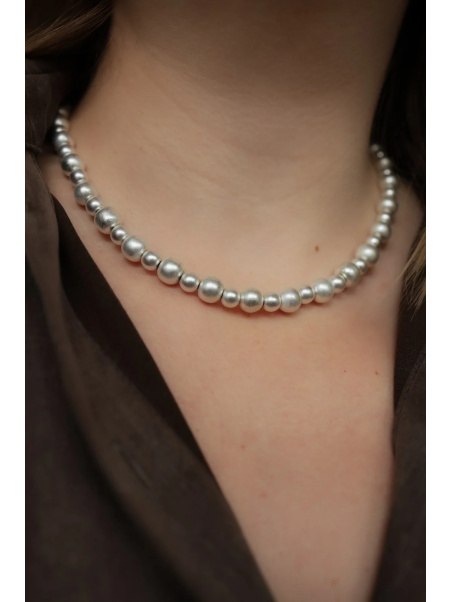 Adjustable necklace of satin-finish plated hematite in a light silver shade, clasp and extender chain, handmade