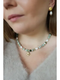 Zielony naszyjnik z akwamarynu i pereł naturalnych | Upiększaj