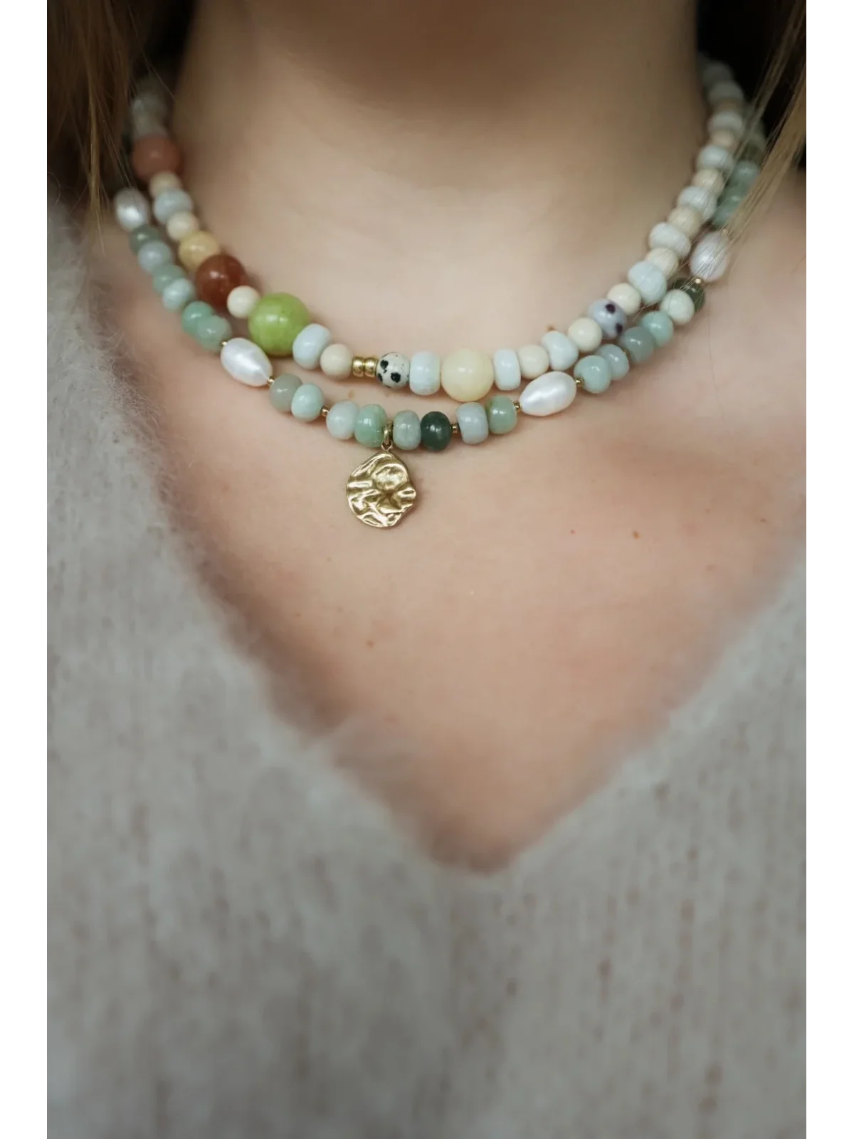 Zielony naszyjnik z akwamarynu i pereł naturalnych | Upiększaj