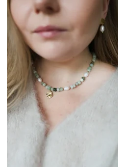 Zielony naszyjnik z akwamarynu i pereł naturalnych | Upiększaj