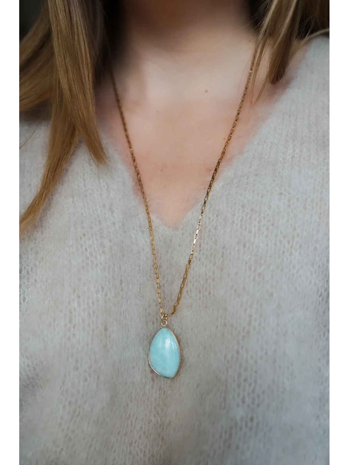 Long surgical steel chain necklace with a large amazonite pendant, handmade