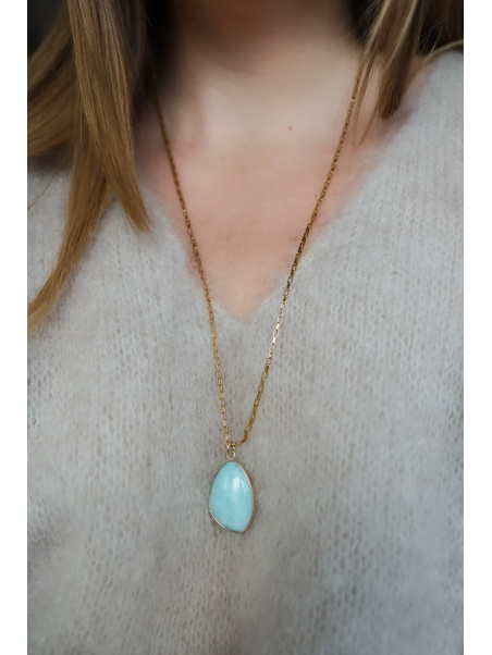 Lange ketting van chirurgisch staal met een grote hanger van amazoniet, handgemaakt