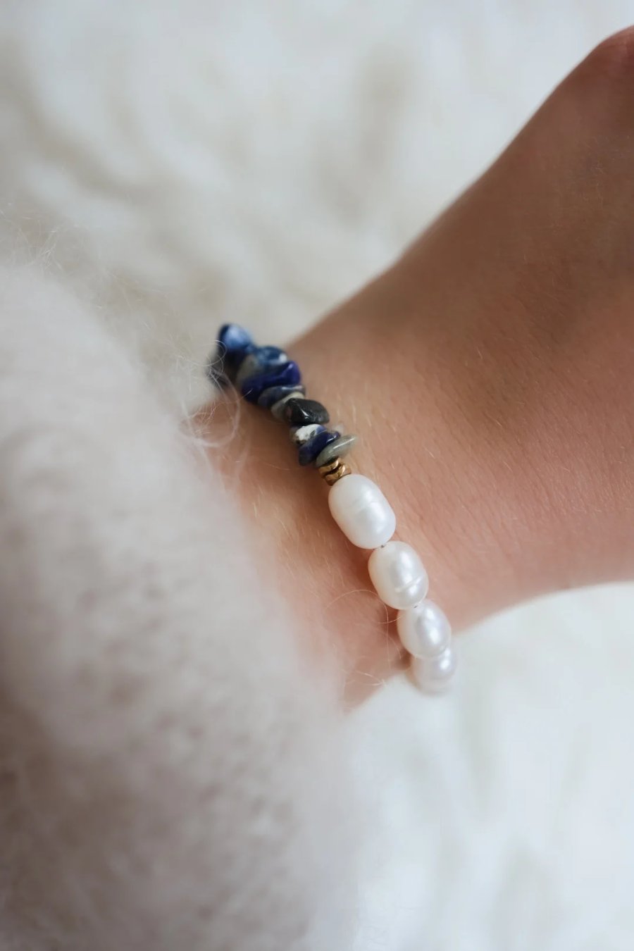 Adjustable bracelet of cultured pearls, sodalite and hematite with gold-plated silver and, handmade