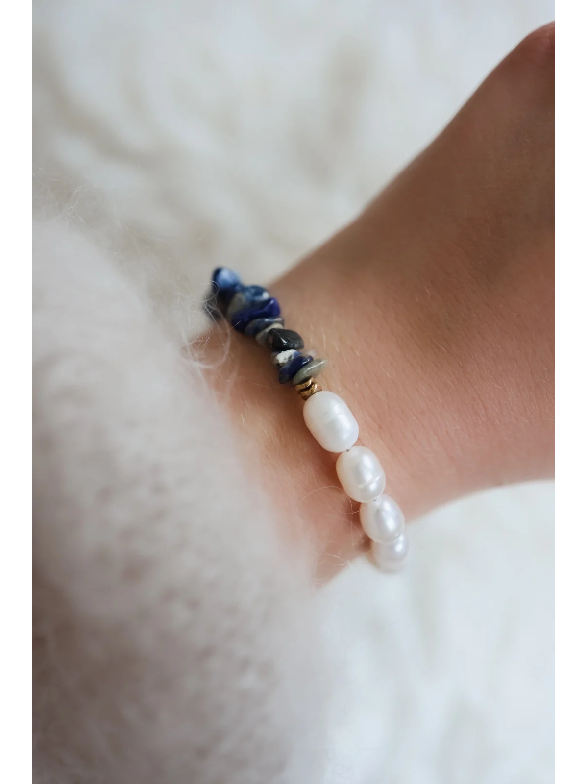 Adjustable bracelet of cultured pearls, sodalite and hematite with gold-plated silver and, handmade