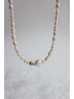 Necklace of cultured freshwater pearls, including baroque pearls, with a hammered bead of gold-plated, handmade