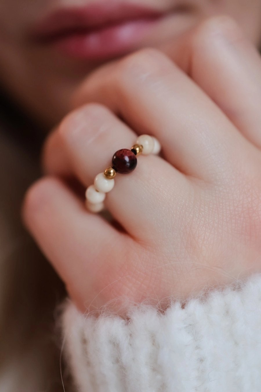 Stretch ring of cream river stones, hematite and red jasper on elastic cord, handmade