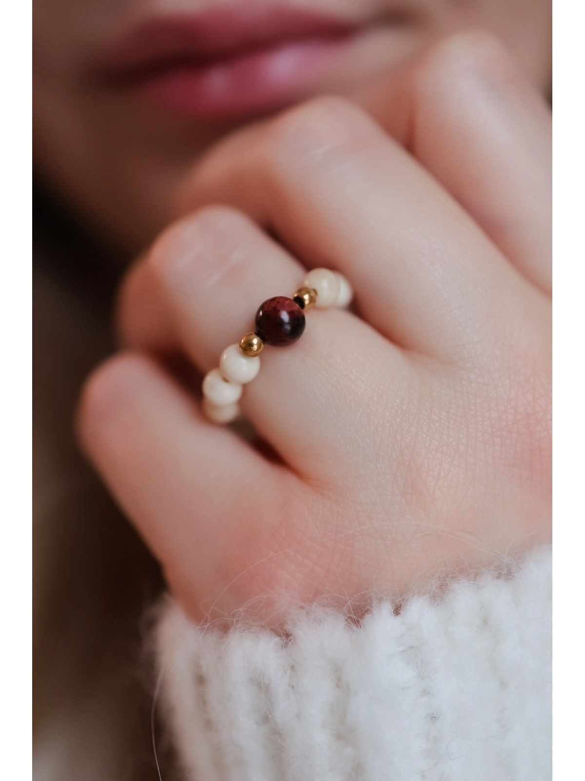 Stretch ring of cream river stones, hematite and red jasper on elastic cord, handmade