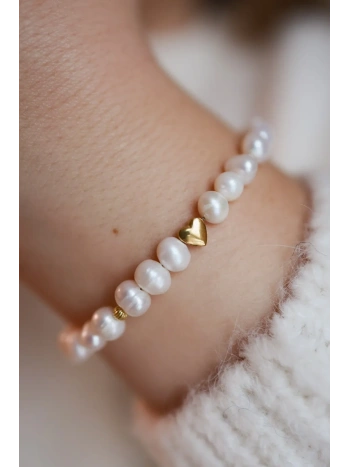 Bransoletka z pereł naturalnych z sercem ze złotego hematytu | Upiększaj