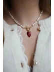Natural pearl necklace with a red jasper heart and a decorative clasp, handmade – photo 4