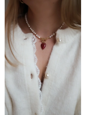 Naszyjnik z pereł naturalnych z zawieszką w kształcie serca z czerwonego jaspisu | Upiększaj