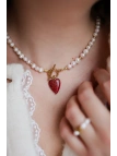Natural pearl necklace with a red jasper heart and a decorative clasp, handmade