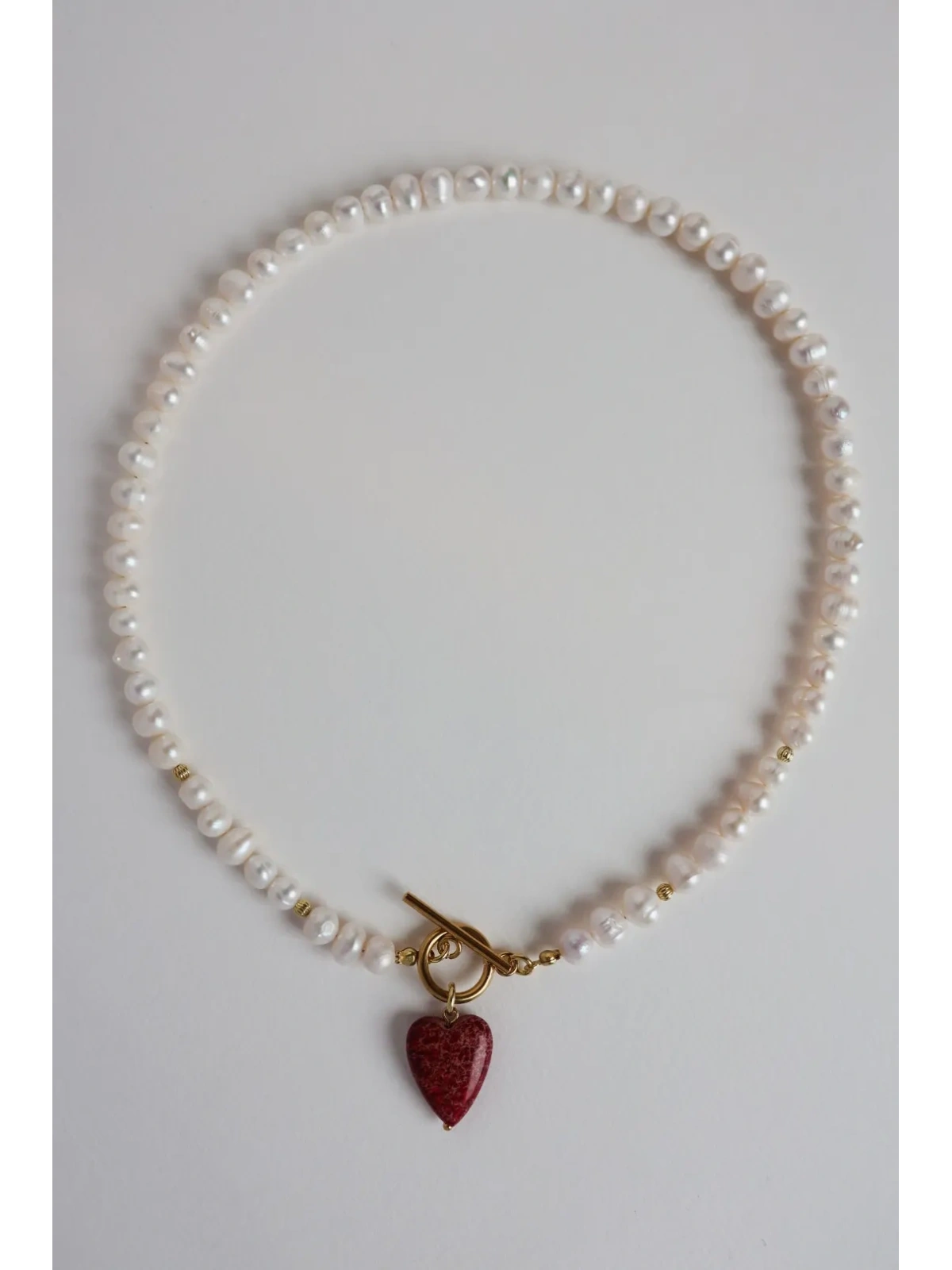 Natural pearl necklace with a red jasper heart and a decorative clasp, handmade – photo 6