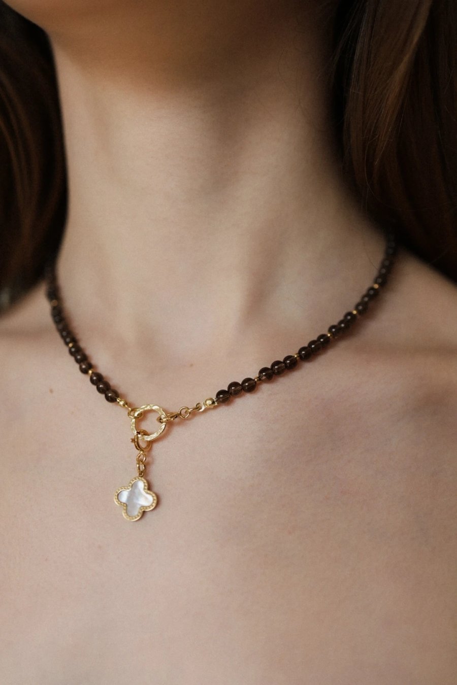 Handmade modular smoky quartz necklace with a detachable mother-of-pearl clover pendant
