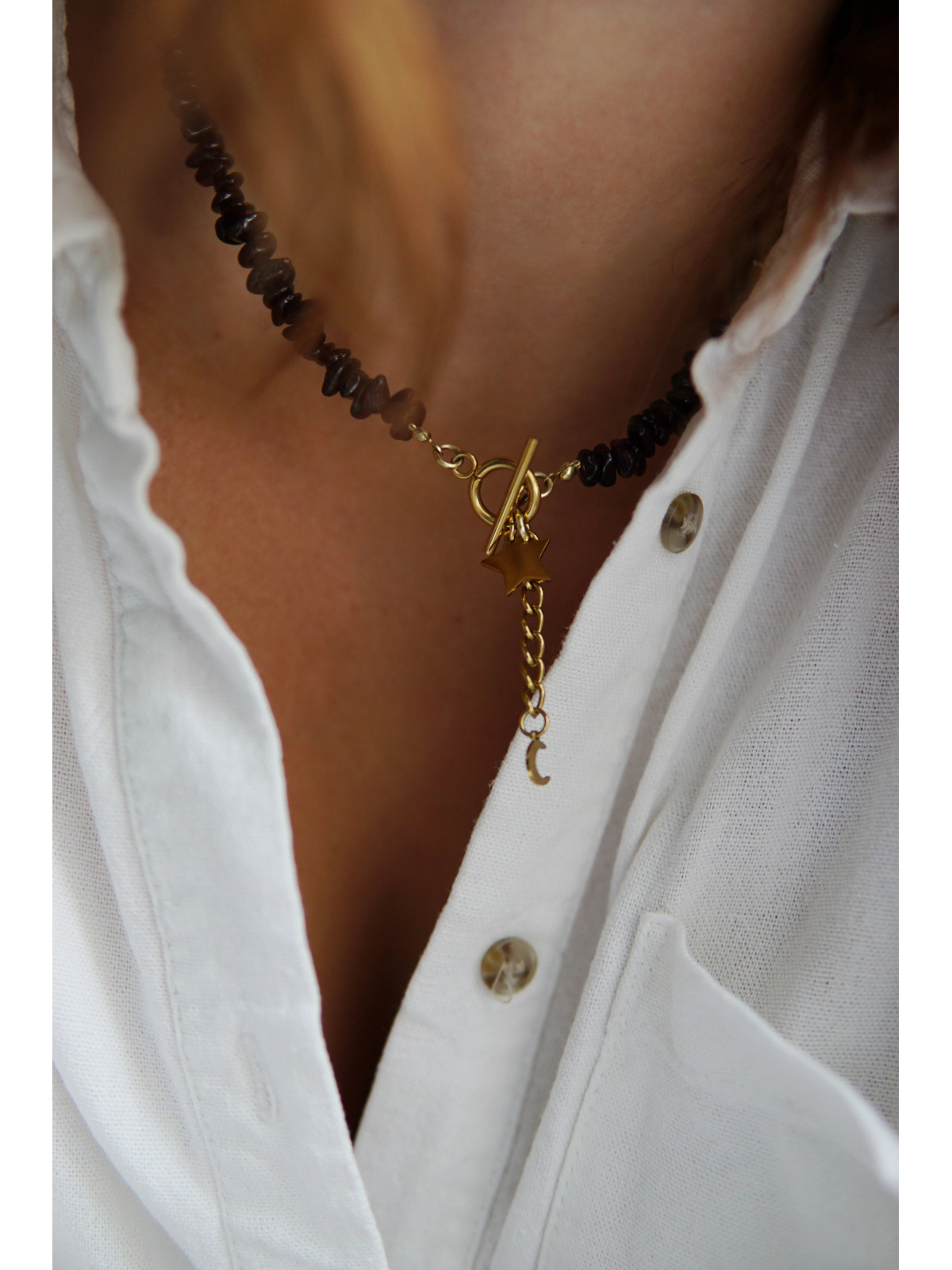 Garnet necklace with star and moon charms and a stainless steel chain, handmade – photo 2