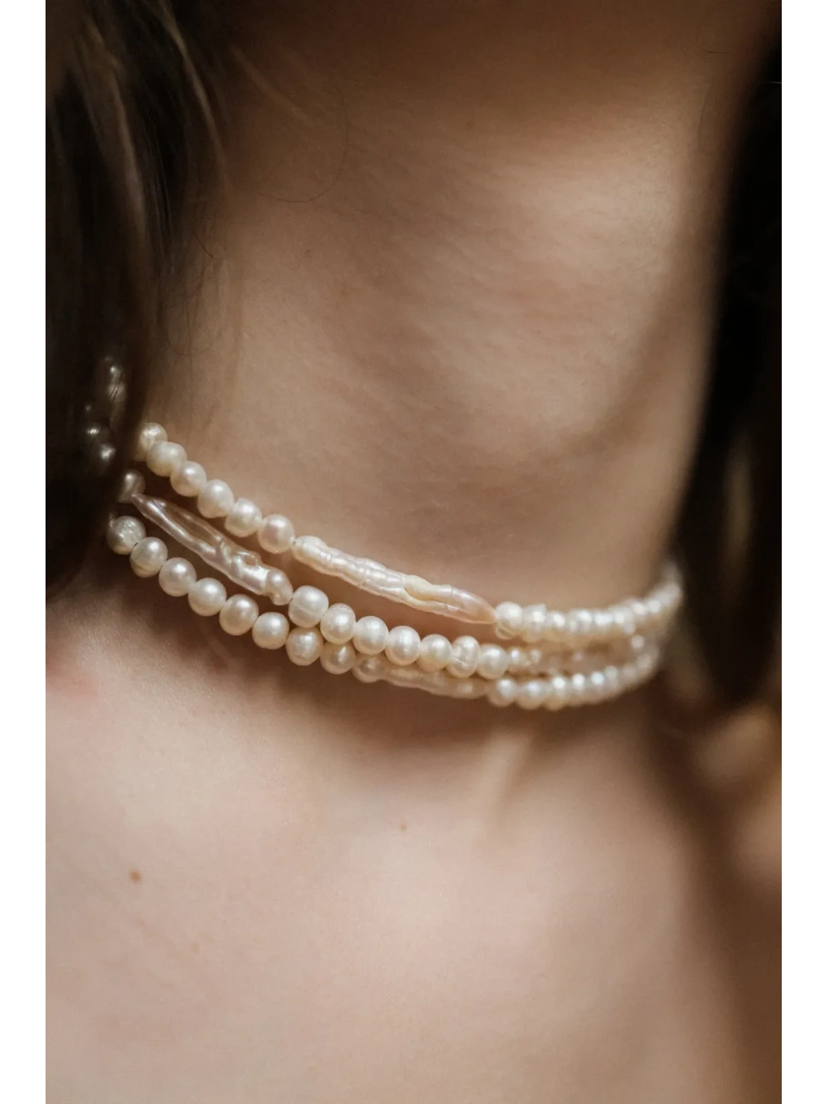 Handmade triple-strand cultured freshwater pearl choker with a surgical steel clasp, adjustable 37–43 cm – photo 5