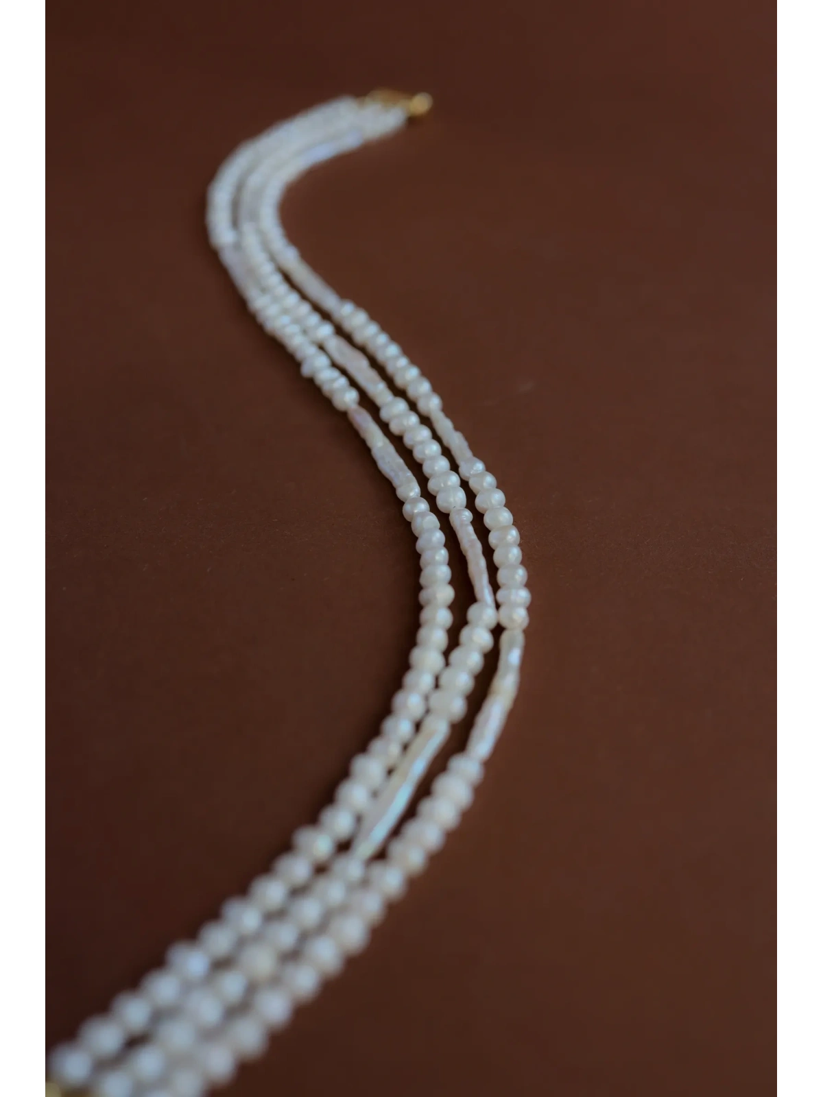 Handmade triple-strand cultured freshwater pearl choker with a surgical steel clasp, adjustable 37–43 cm – photo 4