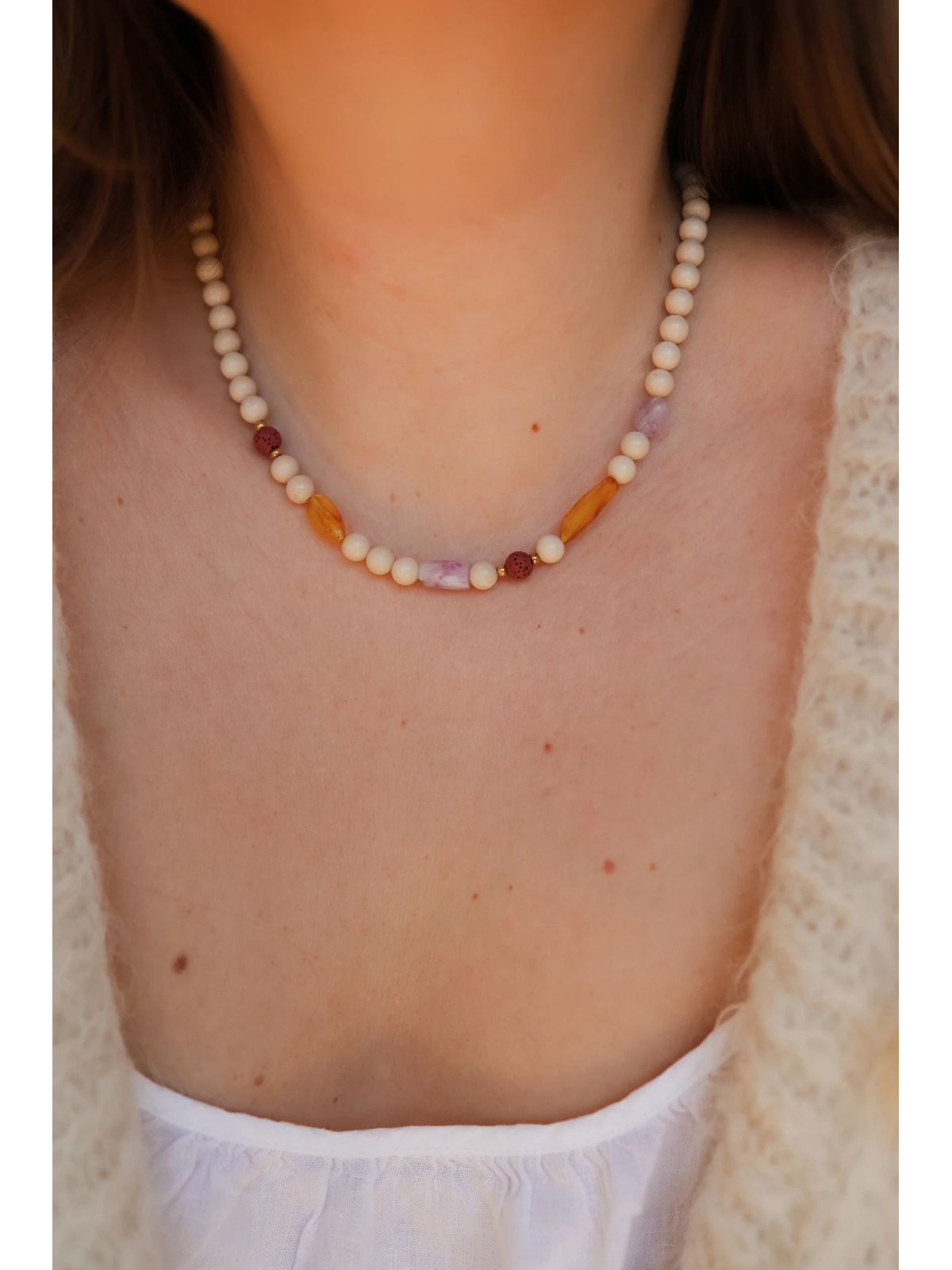 Handmade necklace of beige river stones with lava stone, amber, amethyst and kunzite – photo 3