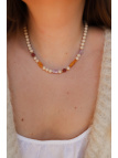 Ketting van beige riviersteentjes met lavasteen, barnsteen, amethist en kunziet, handmade – foto 3