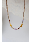 Handmade necklace of beige river stones with lava stone, amber, amethyst and kunzite