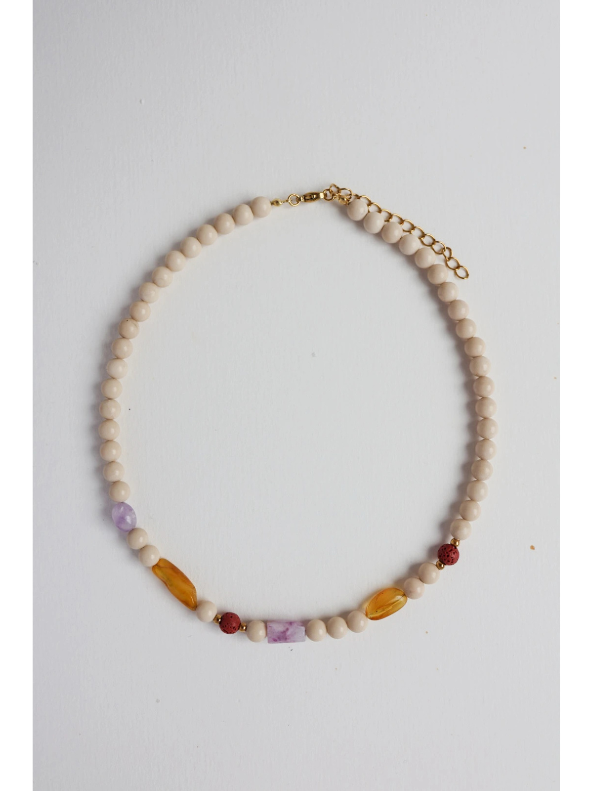 Handmade necklace of beige river stones with lava stone, amber, amethyst and kunzite – photo 4