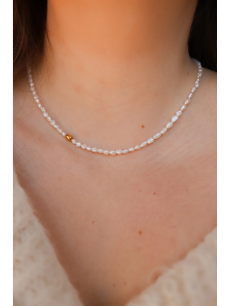 Delicate, subtle necklace of tiny pearls with a gold hematite spacer, handmade