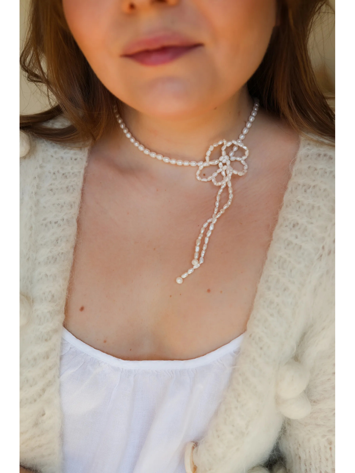 Adjustable necklace of small cultured freshwater pearls with a hand-woven silver flower, handmade – photo 3