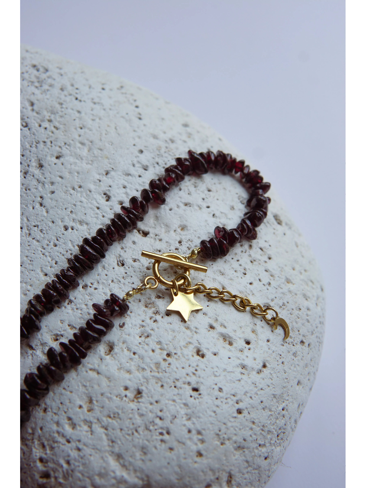 Garnet necklace with star and moon charms and a stainless steel chain, handmade – photo 4