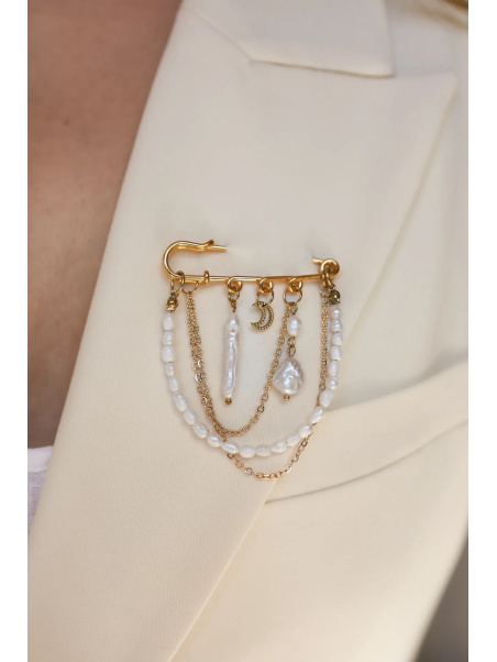 Brooch of cultured pearls in various sizes on steel wire with gold-tone steel details, handmade