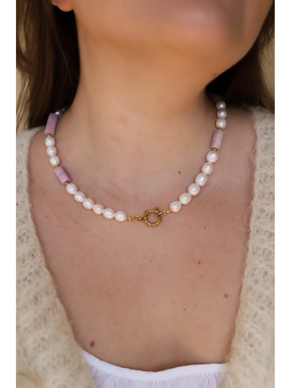 Necklace of large cultured freshwater pearls with kunzite and hematite on steel wire, length 47 cm, handmade – photo 2