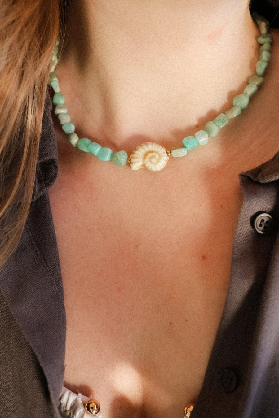 Amazonite necklace with a ceramic shell, handmade